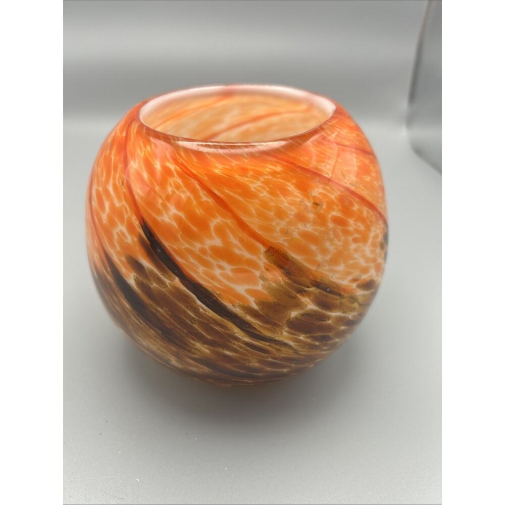 Beautiful Art Glass HQT Hand Blown Sphere Brown & Orange Glass Vase 4.5 In Tall